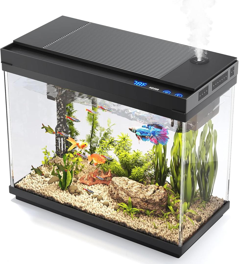Fish Tank, 2.4 Gallon Fish Aquarium, Fish Tank Starter kit with Smart Humidifier, Temperature Display, 7-Color Lighting, 3 in 1 Quiet Pump with Filteration & Oxygenation & Circulation (Black)