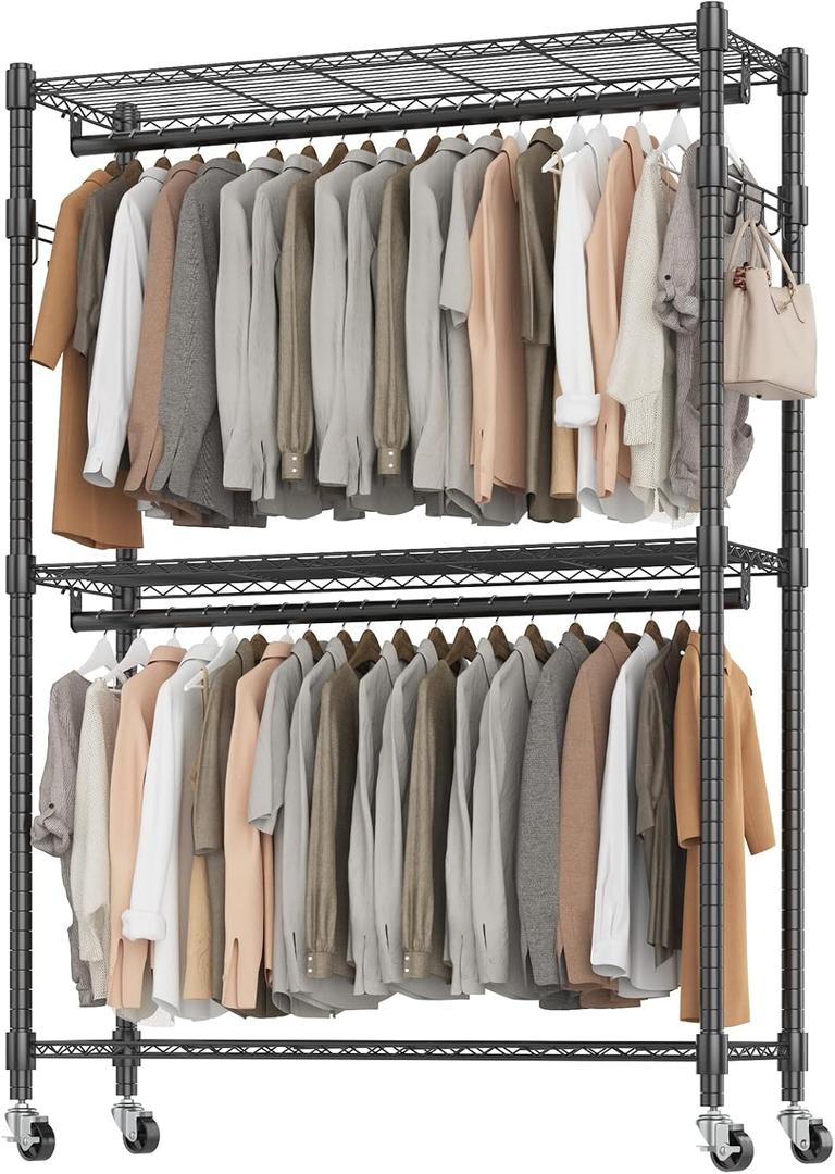 BATHWA Heavy Duty Garment Rack on Wheels, Rolling Clothes Racks for Hanging Storage, Simple Sturdy Metal Wardrobe Closet with Double Rods, 8 Side Hangers, 3 Shelves, Black (47.2"W x 17.7"D x 80.7"H)