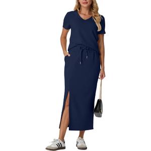 GRECERELLE Women Summer Casual 2 Piece Sets V-Neck Wrinkle-Free Top & Elastic Waist Midi Side Slit Skirt with Pockets (Black, S)