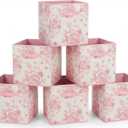 6 Pcs Pink Floral Cube Storage Bins 12.5 Inch Pink Flower Storage Basket with Handle, Preppy Girls Organizer Basket, Collapsible Fabric Box for Classroom Bedrooms Office Home Decoration (Flower)