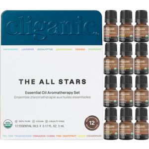 Cliganic Organic Aromatherapy TOP 12 Essential Oils Set, 100% Pure - Peppermint, Lavender, Eucalyptus, Tea Tree, Lemongrass, Rosemary, Frankincense, Orange, Lemon, Cassia, Cedarwood & Grapefruit (0.17 Fl Oz (Pack of 12))