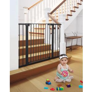 COMOMY 36" Extra Tall Baby Gate for Stairs Doorways, Fits Openings 29.5" to 46" Wide, Auto Close Extra Wide Dog Gate for House, Pressure Mounted Easy Walk Through Pet Gate with Door, Black
