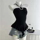 Milumia Women's Sexy Ring Decor Halter Top Sleeveless Ruffle Hem Summer Casual Cami Tops (Black, S)