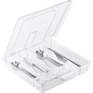 Utensil Holder for Countertop with Lid, Plastic Silverware Tray for Drawer, 5 Compartments Flatware Organizer, Transparent