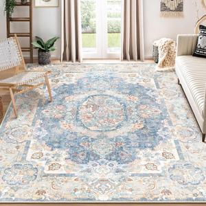 Boho Vintage Floral Area Rug 8x10, Washable Rug for Living Room
