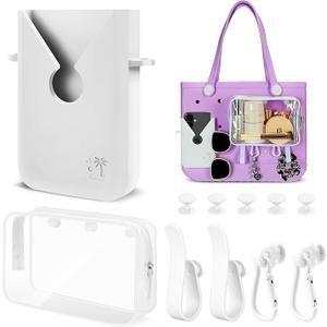 6PCS Compatible with Original Medium and Large Bogg Bag,Phone Holder for Inside and Outside of Bogg Bag Accessories,PVC Insert Bags,Hooks,and Keychain(White)