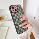 Yeddabox for iPhone 14 Case with Finger Strap Kickstand, Checkered Phone Case Full Camera Protection Shockproof Soft TPU and Hard PC Back Cover for Women Men, Pink and Green