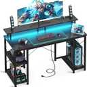 ODK 48 inch Computer Desk with Power Outlets & LED Lights, Gaming Desk with Monitor Stand & Storage Shelves, Home Office Desk, Carbon Fiber Black