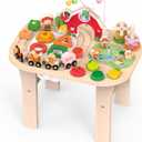Activity Table for 1 Year Old, Baby Wooden Sensory Table with Bead Maze Shape Sorter Train Track for Toddler, Farm Montessori Toy Activity Center Educational Learning Toys for Kids 12+ Months