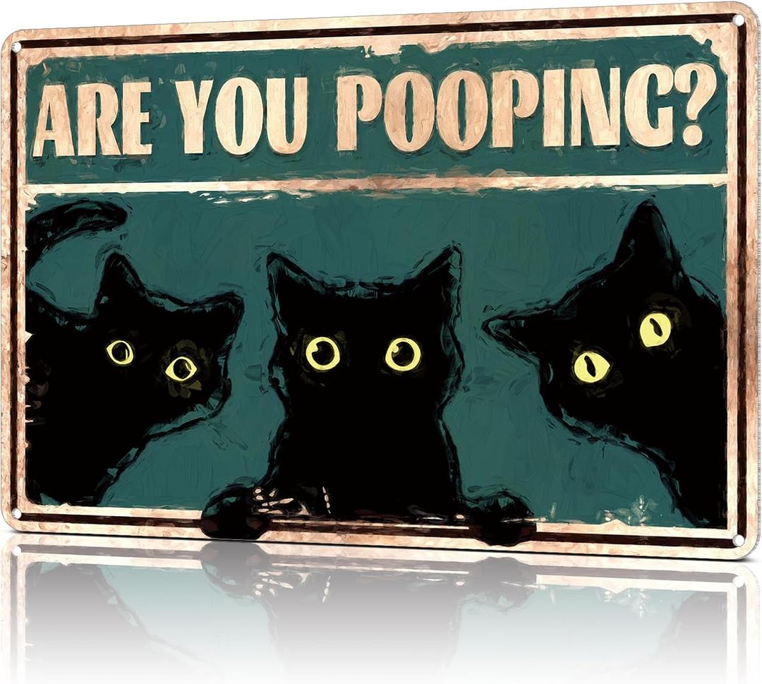 Funny Bathroom Decor Wall Art Cute Black Cat Metal Tin Sign Are You Pooping Restroom Decoration Vintage Signs Posters Gifts for Home Toilet 12X8 Inches