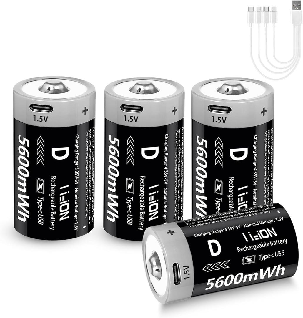 Rechargeable D Batteries 1.5V 5600mWh Lithium-ion Batteries with 4 in 1 USB-C Charging Cable, D Li-ion Batteries 1000 Cycles for Flashlight, Water Heater, Gas Stove (4 Pack)