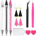 14 Pcs Rhinestone Picker Tool - 3 Pcs Dual-head Pens with 6 Wax Tips, Useful Clay, Precision Curved and Straight Tweezers Kit for Picking Up Nail Art Gems, Stones, Crystals, and Nail Charms