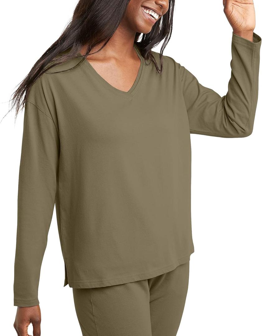 Hanes Womens Originals V-Neck Long Sleeve T-Shirt, Cotton Tees for Women, Raw Edge V-Neckline (Medium, Oregano)