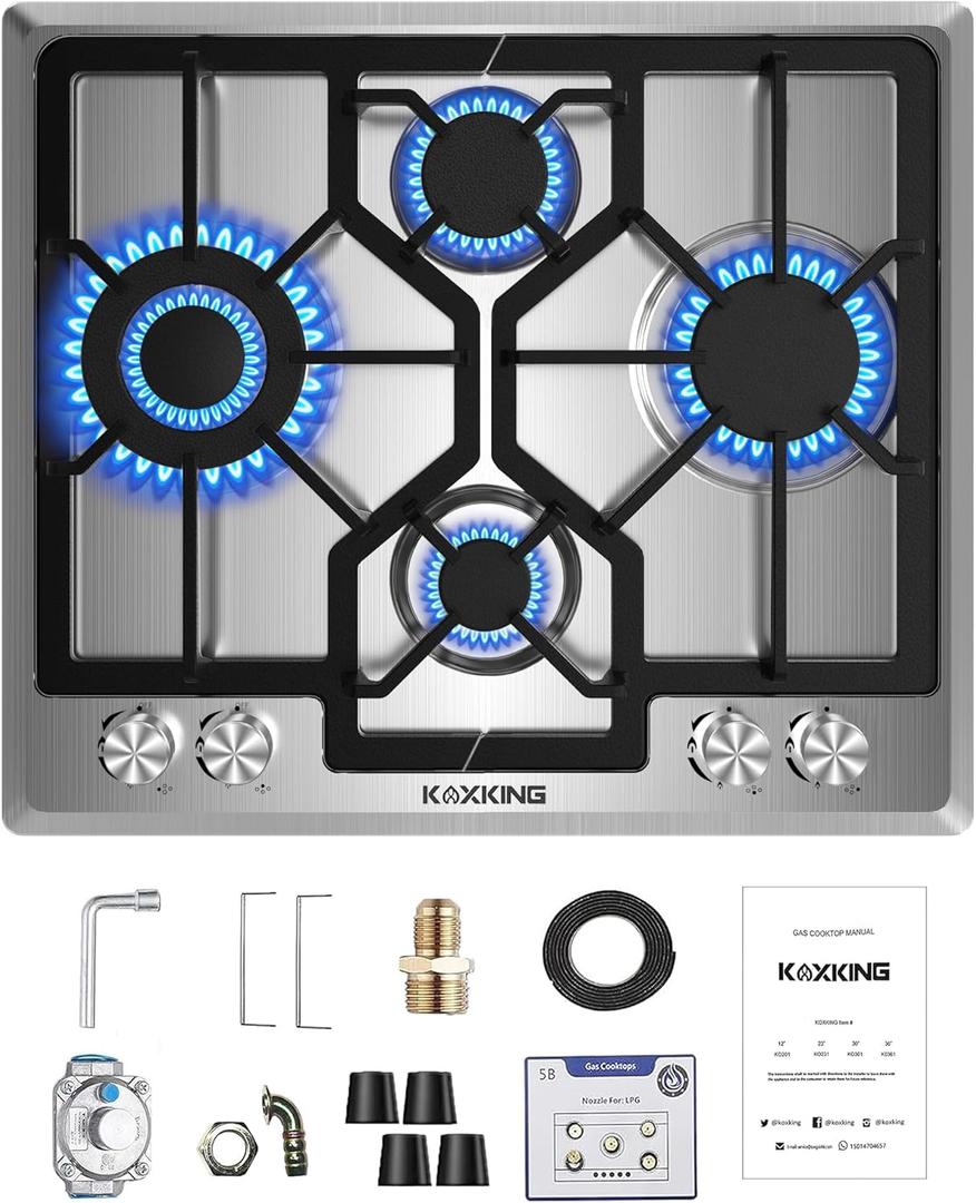 24 Inch Gas Cooktop, Built-In 4 Burner Gas Stove Top, NG/LPG Convertible Stainless Steel Cooktop with Thermocouple Protection, Sealed Burners, 4B-24 inch - Standard
