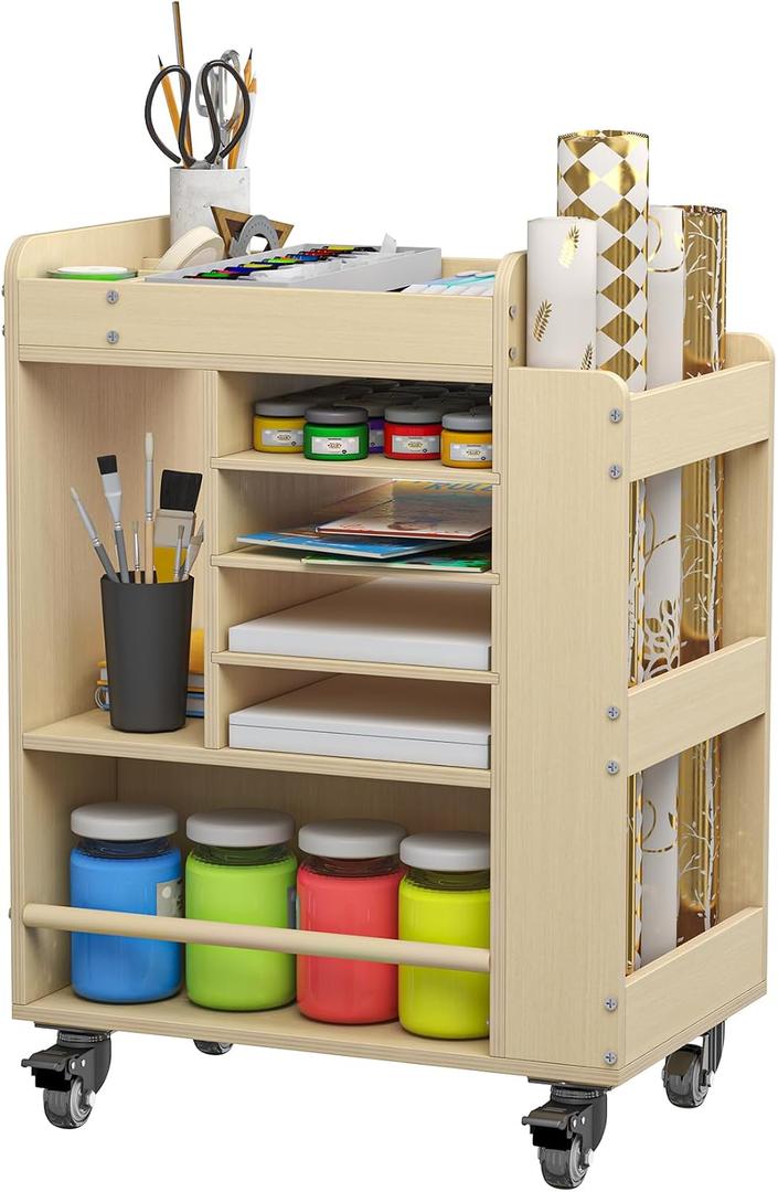 lukar Wooden Art Storage Cart with Wheels, 25.6" Art Supply Storage Organizer Cart, Multi-Functional Rolling Utility Carts for Kid, Arts Activity Carts for Storing A4 Paper, Brushes, Paint