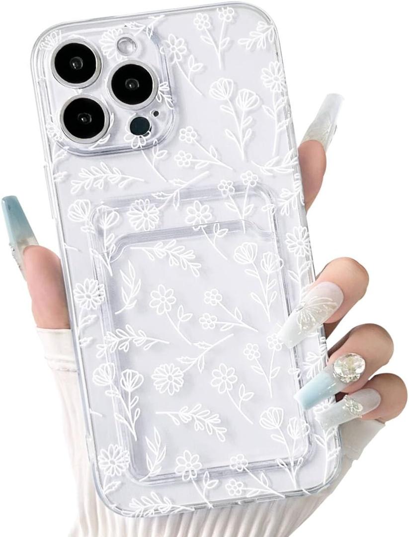 NITITOP Compatible with iPhone 14 Pro Max Case Clear with Card Holder Cute Floral Flower Leave Pattern for Women Girl Soft TPU Shock-Absorbing Wallet Case Protective Phone Cover - White2