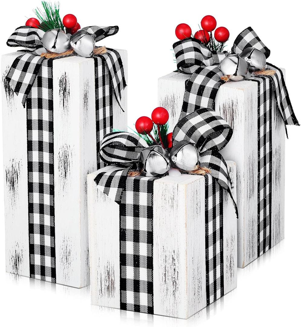 Amyhill 3 Pcs Christmas Wooden Gifts Box Decor Christmas Plaid Presents Table Centerpieces Rustic Wooden Gifts Tiered Tray Decor with Buffalo Plaid Bowknot for Xmas Party(White,Classic)