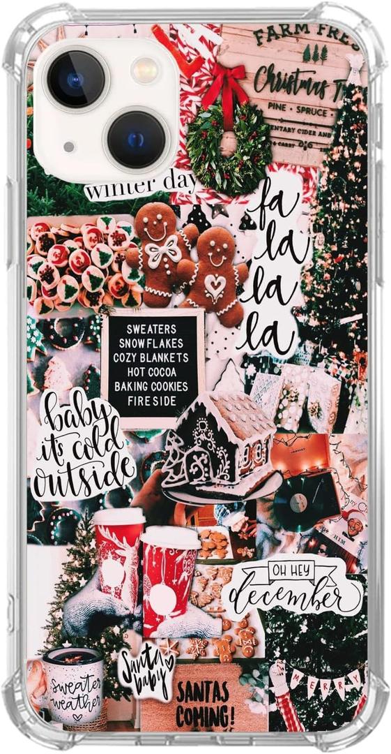 Winter Christmas Holiday Collage Case for iPhone 13, Retro Aesthetic Christmas Gingerbread and Tree Pattern Case for Girls Women Men, Unique Trendy TPU Bumper Cover Case for iPhone 13