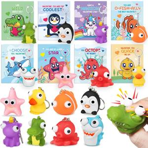 24 Pack Valentine's Day Cards with Animal Popping Eyes Keychains for Kids School Classroom, Valentine's Gifts for School Exchange, Squeeze Animals with Popping Eyes Keychains Bulk for Party Favors