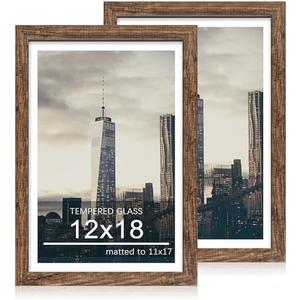 ccdcc 12x18 Picture Frame Set of 2, 12 x 18 Wood Poster Frames with Mat for 11x17, Wooden Photo Frames with Tempered Glass Cover for Wall Display, Rustic Brown
