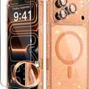 BERFY for iPhone 17 Pro Case for Women, Compatible with MagSafe, Clear Glitter Shockproof Protective Case, Anti-Yellowing, with Screen Protector & 3 Diamond Camera Lens Covers 6.3", Sparkle Orange