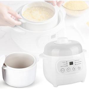 White 1L Mini Slow Cooker with Steamer Basket, 24-Hour Timer and Automatic Keep-Warm Function, 200W Smart Ceramic Electric Slow Cooker, Kitchen Cooking Appliance, 1.1 Quarts