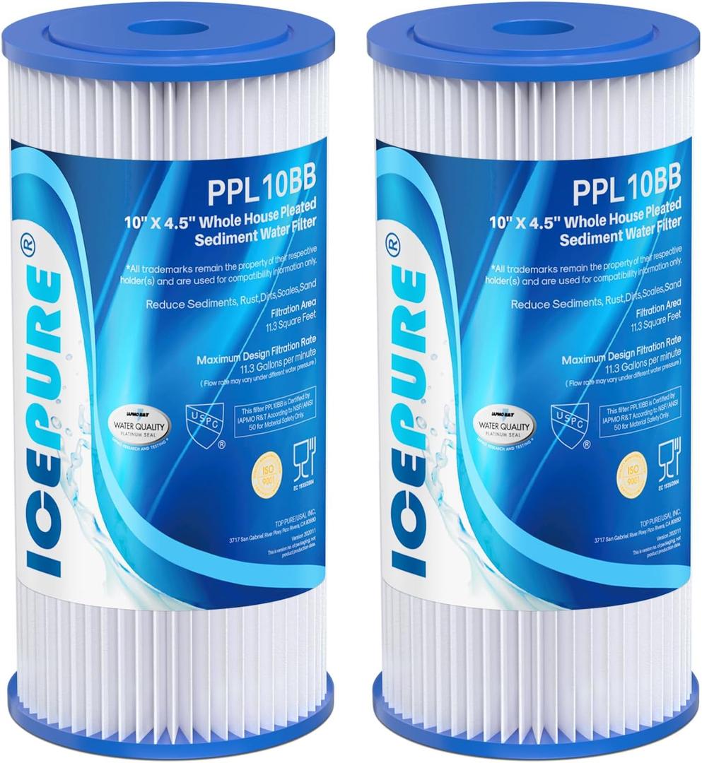 ICEPURE 5 Micron 10" x 4.5" Whole House Sediment Pleated Water Filter Replacement for GE FXHSC, Culligan R50-BBSA, Pentek R50-BB, DuPont WFHDC3001, W50PEHD, GXWH40L, GXWH35F for Well Water, 2PACK