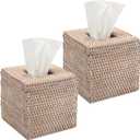 2 Pack Rattan Tissue Box Cover Square, Wicker Tissue Box Holder, Decorative Woven Facial Tissue Holder for Bathroom, Kitchen, Living Room, Bedroom (5.5 x 5.5 x 5.7 inch, Whitewash)