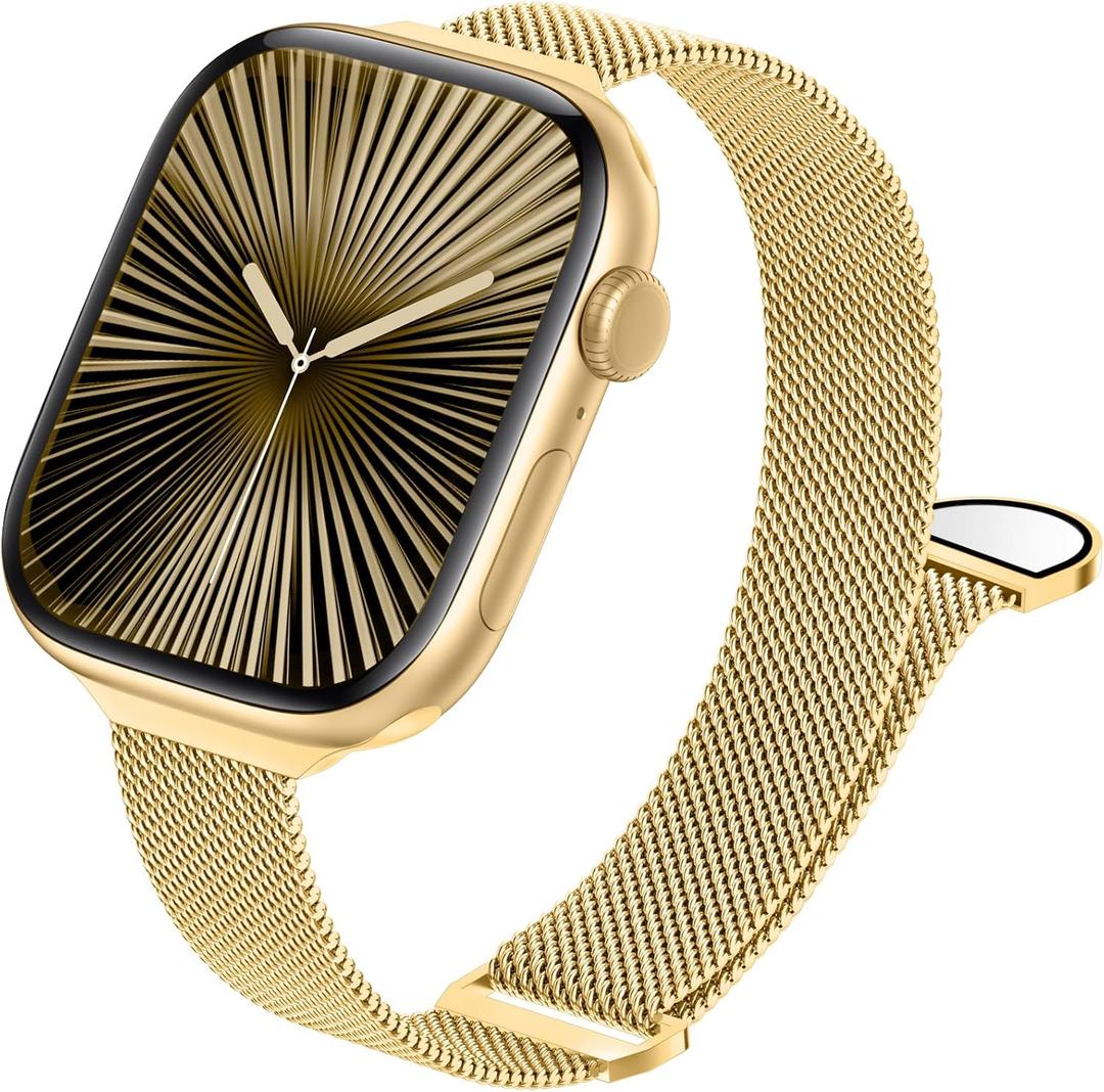 JKD Fancy Magnetic Band Compatible with Apple Watch Band Gold for Women 40mm 46mm 38mm 41mm 42mm 44mm 45mm, Thin Breathable Durable Soft Sport Smartwatch Bands for iWatch SE Series 9 10 8 7 6 5 4 3