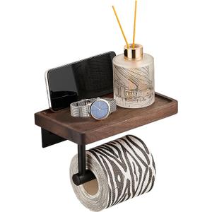 Toilet Paper Holder with Walnut Wood Shelf, Adhesive & Wall Mounted Toilet Paper Roll Holder, Black Stainless Steel Rustproof Toilet Paper Holder for Bathroom, Washroom, RV, Kitchen