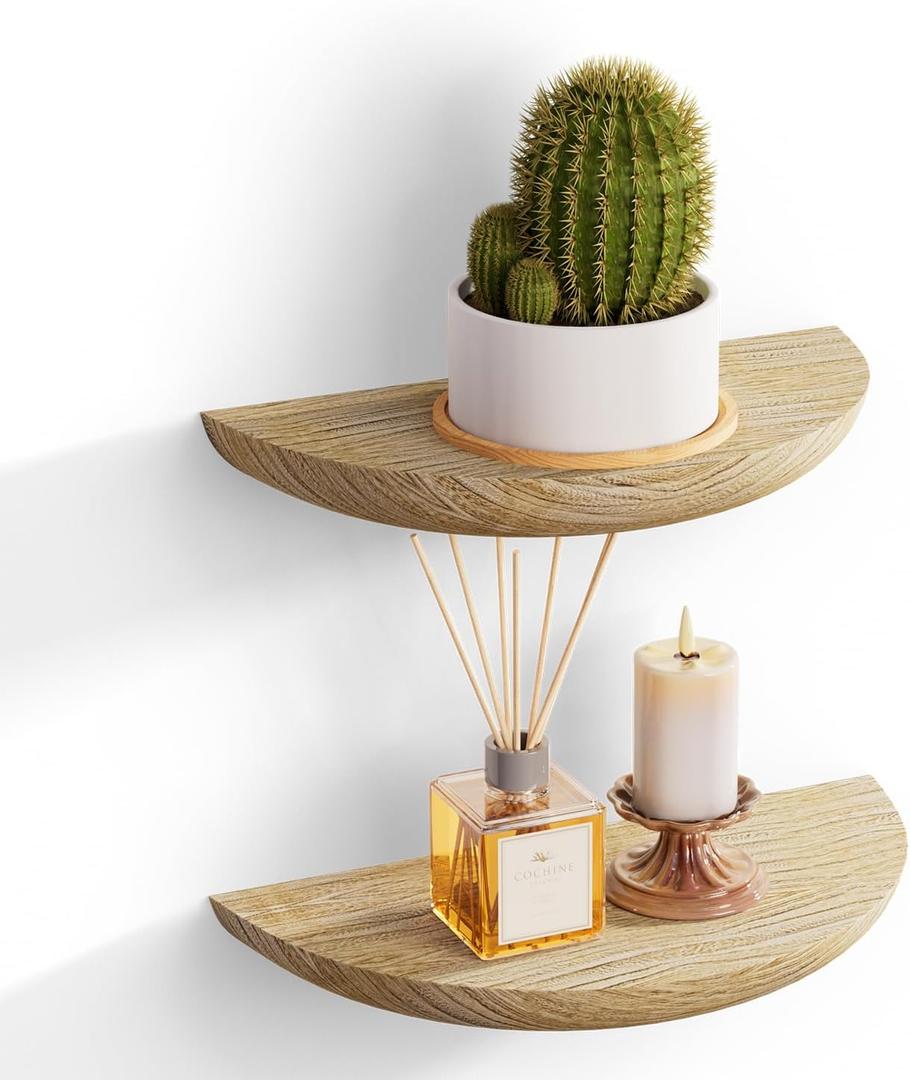 QsQueen Solid Wood Half Round Floating Wall Shelves | Elegant Floating Shelves, Elevate Your Space. Perfect for Living Rooms, Bathrooms, Bedrooms, Offices, Children's Rooms (8.27inch, Light Brown)