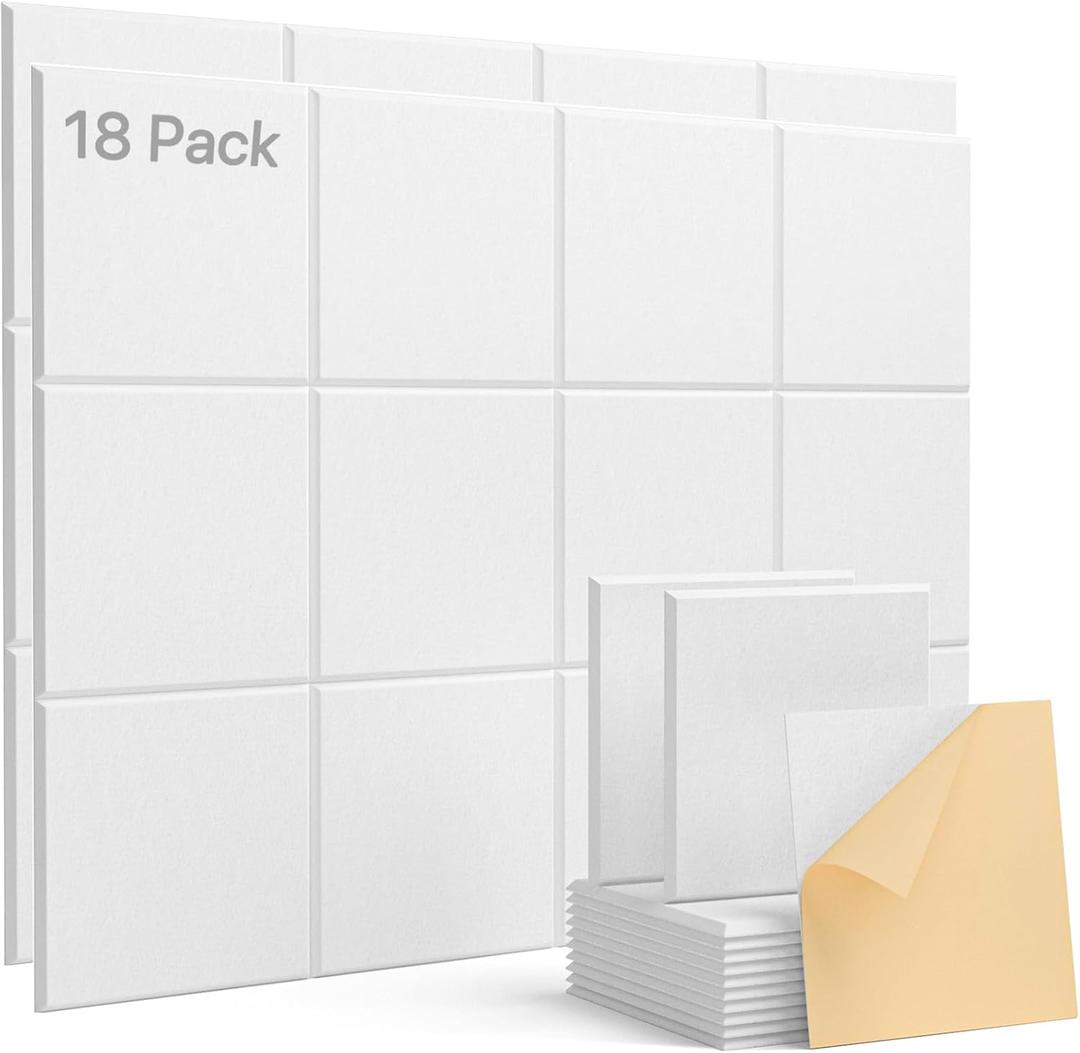 Acoustic Panels 18 Pack Square Soundproof Wall Panels Self-Adhesive, Acoustic Foam Panels High Density Sound Proof Foam Panels for Home Office, Recording Studio, Ceiling 12" X 12" X 0.4" White