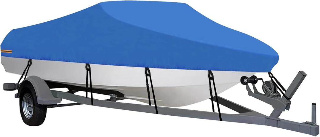 OutdoorLines Waterproof Boat Cover 16-18.5 Ft Long Blue - Heavy Duty UV Resistant Trailerable for V-Hull, Tri-Hull, Bass, Runabout, Fish & Ski, Pro-Style Fishing