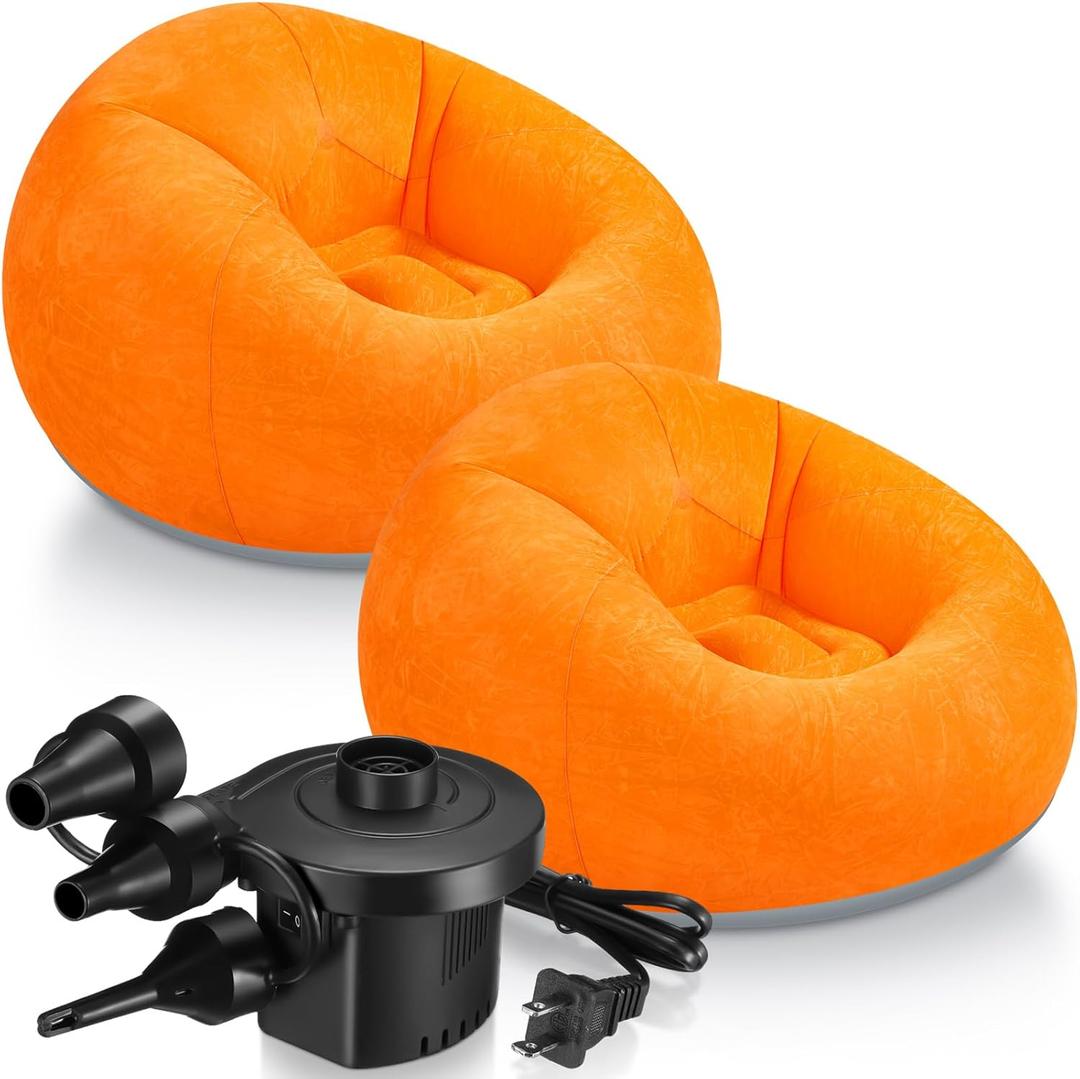 Realspring 2 Pcs Inflatable Bean Bag Chairs with Electric Air Pump Outdoor Blow up Chair Inflatable Lazy Sofa Folding Portable Loungers Couch for Living Room Bedroom(Orange)