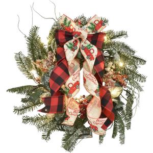 Christmas Wreath with Lights, 18 Inch Lighted Outdoor Christmas Wreath - Prelit Winter Xmas Door Wreath with Berry, Pine Leaf for Thanksgiving Holiday Wall Window Decorations