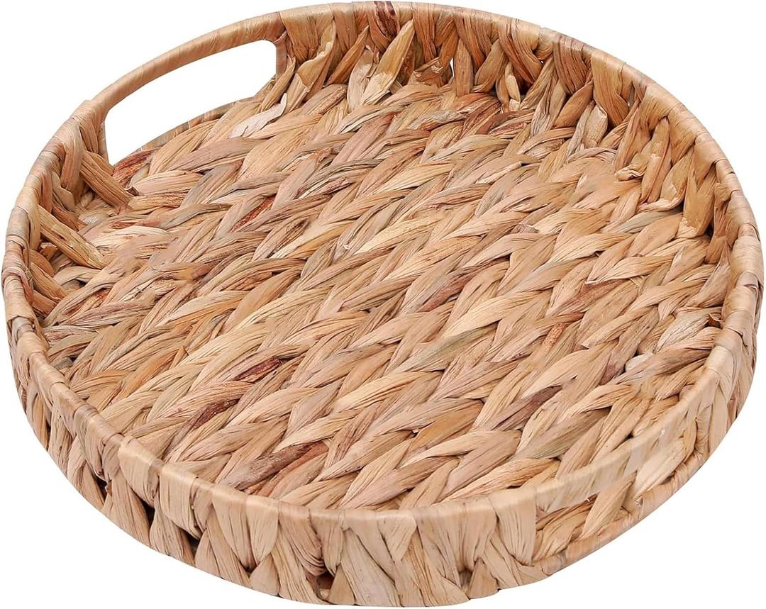 Round Woven Coffee Table Ottoman Tray with Handles - 11.8" x 1.9" Water Hyacinth Wicker Serving Tray, Decorative Storage Basket for Home & Kitchen.