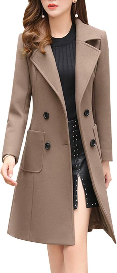 Chouyatou Women Elegant Notched Collar Double Breasted Wool Blend Overcoat (Medium, Khaki)