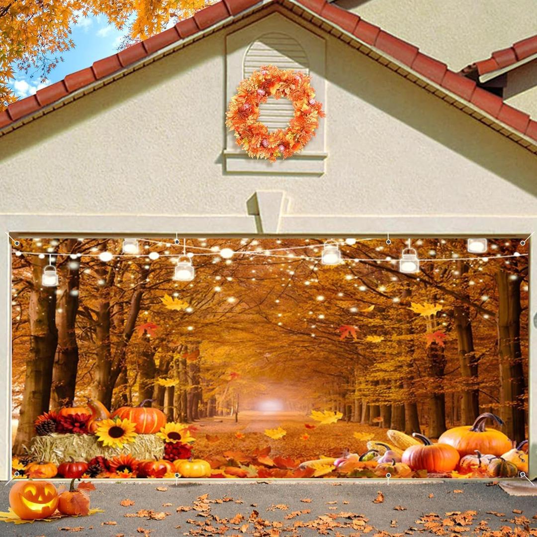 Leowefowa Fall Garage Door Decorations Banner Fall Maple Forest Light Strings Hay Pumpkins Garage Door Cover Decorations for Thanksgiving Party Decor Indoor Outdoor Door 6x13ft