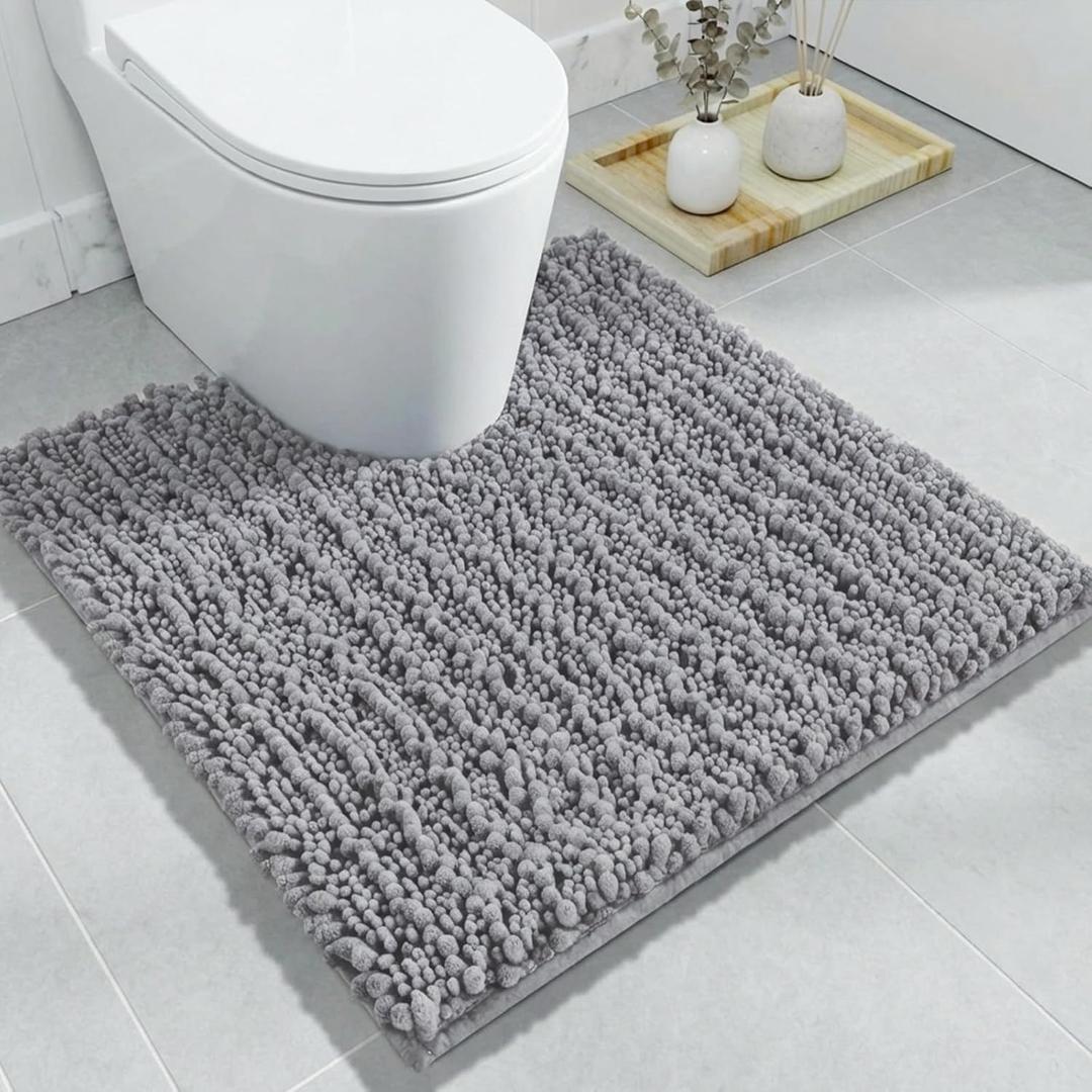 Toilet Rug 24x24 Inch - Grey U-Shaped Bathroom Floor Mat, Soft Shaggy Plush Absorbent Chenille Contour Rug, Non-Slip Washable Pedestal Base Rug