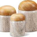 Suclain 3 Pcs Marble Salt Cellar with Wooden Lids Stone Salt Container & Spice Jars Canister Set for Flour, Sugar, Salt, Coffee, Tea, Cotton Swab Holder Storage