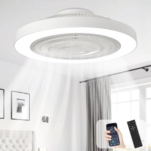 Depuley Modern Ceiling Fan with Light: 19" Bladeless Flush Mount Low Profile LED Ceiling Fans with Remote & Smart APP Control - White Enclosed Fandelier Dimmable Quiet DC Motor for Bedroom Kids Room White