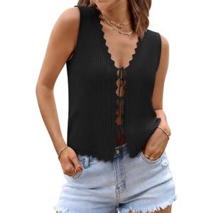 Womens Tie Front Tops Trendy 2025 Summer V Neck Sleeveless Sweater Vests Fashion Cute Crochet Knit Tops (Large, Black) Womens Tie Front Tops Trendy 2025 Summer V Neck Sleeveless Sweater Vests Fashion Cute Crochet Knit Tops (Large, Black)