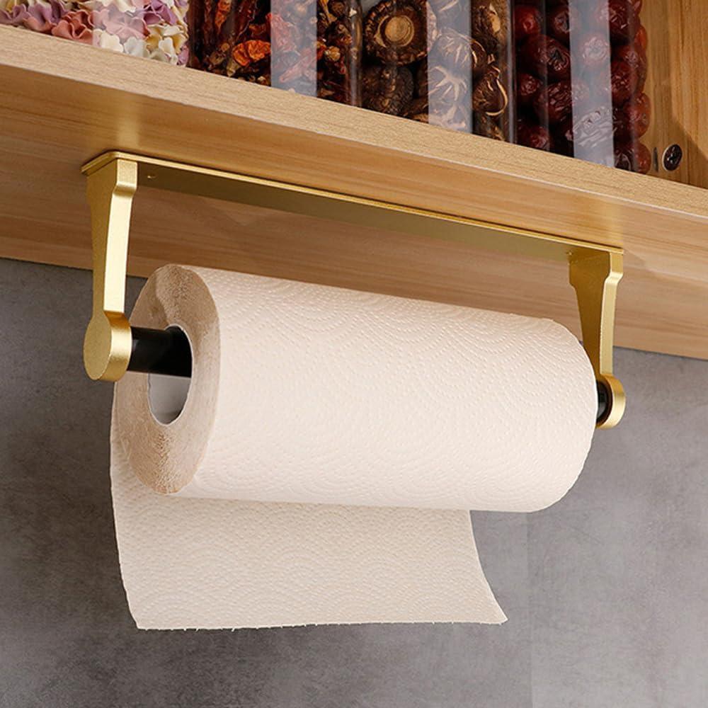 Adhesive Or Drilling 12IN Gold Kitchen Paper Towel Holder Under Cabinet Aluminum Alloy Plastic Spring-Rod Wall Mount Under Counter Insider Door Holds All Paper Towel Rolls
