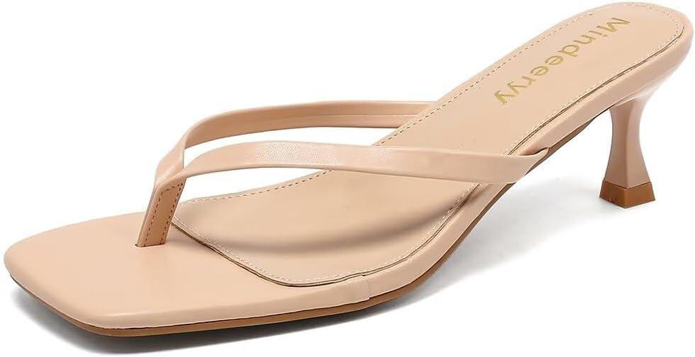 Mindeeryy Thong Sandals Kitten Heels Square Toe Flip Flops Slip On Heels for Women Kitten Heel Sandals Low Heel 2.4 Inch for Casual Nude 7