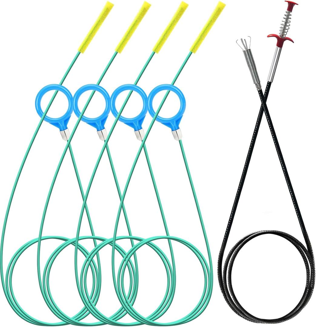 Snake Drain Hair Removal Tool (5 Pcs): 4 x 50-Inch Drain Hair Removers + 63-Inch Shower Drain Snake Blockage Removal Tool, Drain Brushes for Showers, Toilets, Bathroom Sinks and Bathtubs.