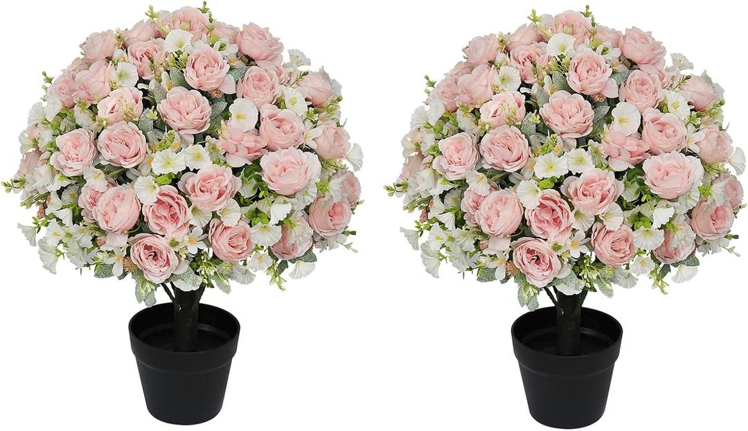 24" Artificial Potted Flowers for Outdoors Set of 2 - UV Resistant Faux Pink Silk Peonies with Eucalyptus Plants in Cement Pots for Outside Front Porch Home Indoor Decor