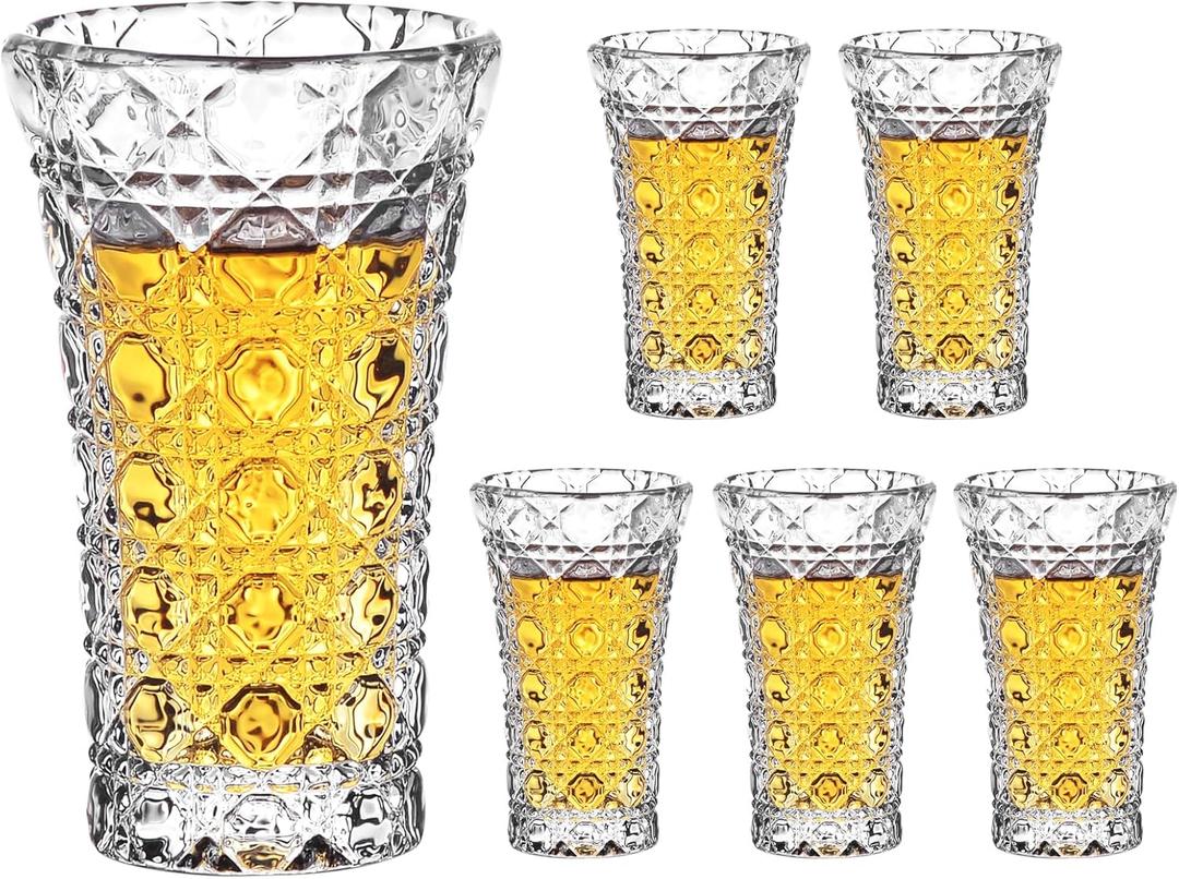 2oz Shot Glasses Set of 6 - Heavy Base, Cute, Fancy, Clear Glass for Tequila and Cordials