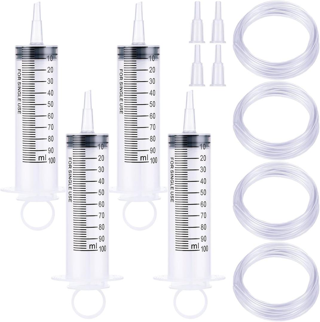 4 Pack Large Plastic Syringe with Handy Plastic Tubing and Luer Connections Large Syringes for Liquid Measuring Watering Refilling Feeding(100ml)