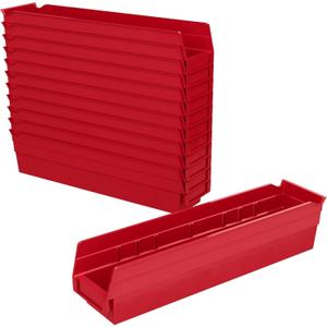 Akro-Mils 30128 Plastic Shelf Bins, Heavy Duty Storage Bins for Garage, Closet, and Drawer Organization, 18-Inch x 4-Inch x 4-Inch, Red, 12-Pack
