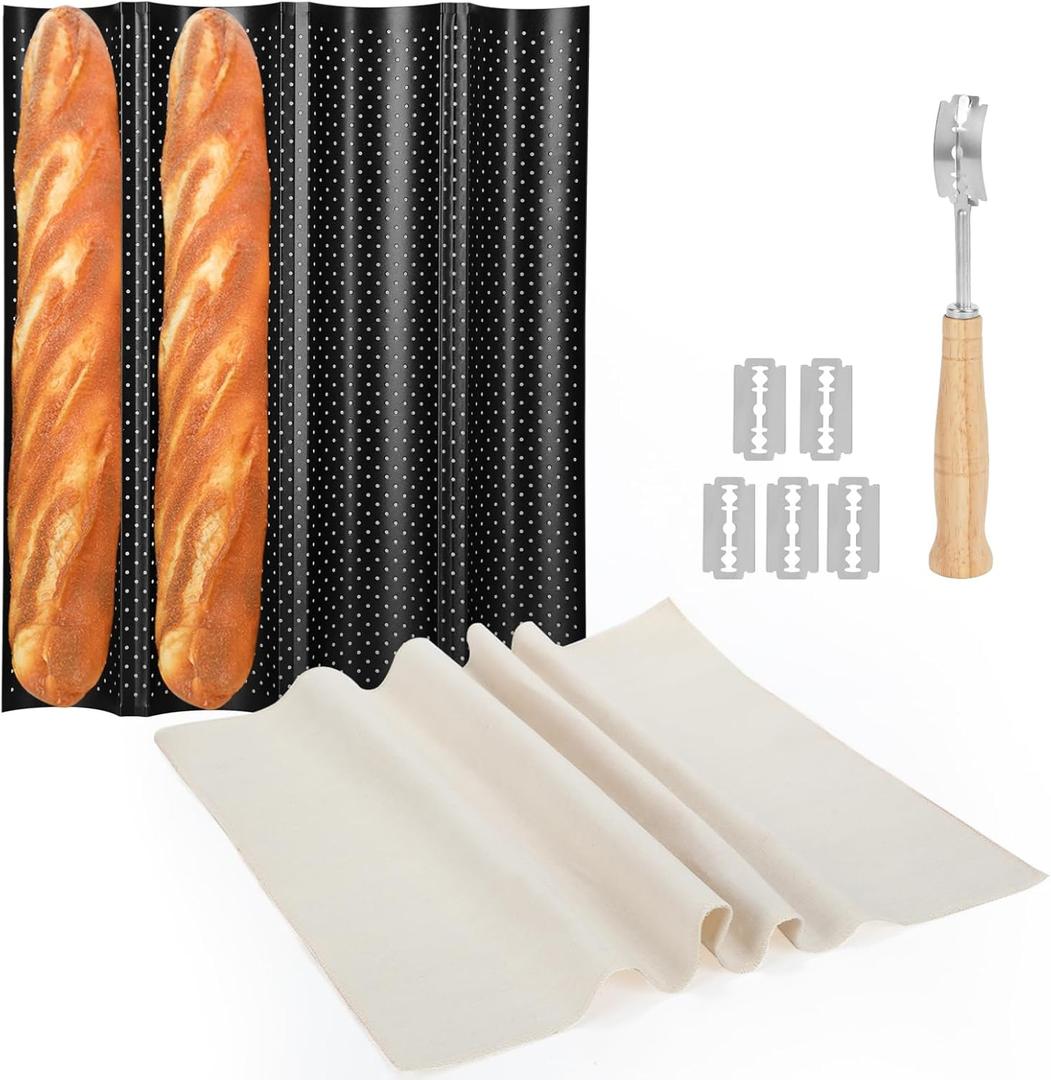 4-Slot French Baguette Pan Set, Non-Stick French Bread Pan, Baguette Baking Pan with Proofing Cloth, Bread Lame, Home Baking Tools Kit for Homemade Bread (Black)